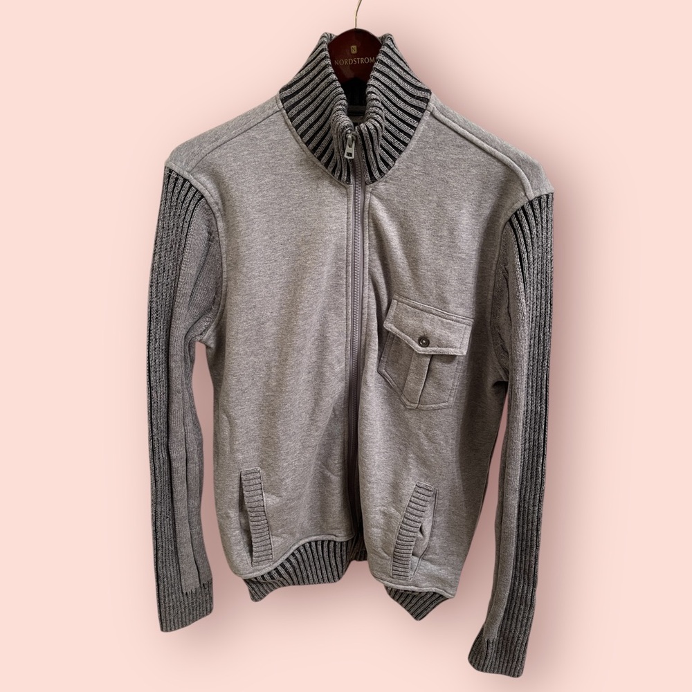 Bar III Gray Zip Up Sweater with Ribbed Collar